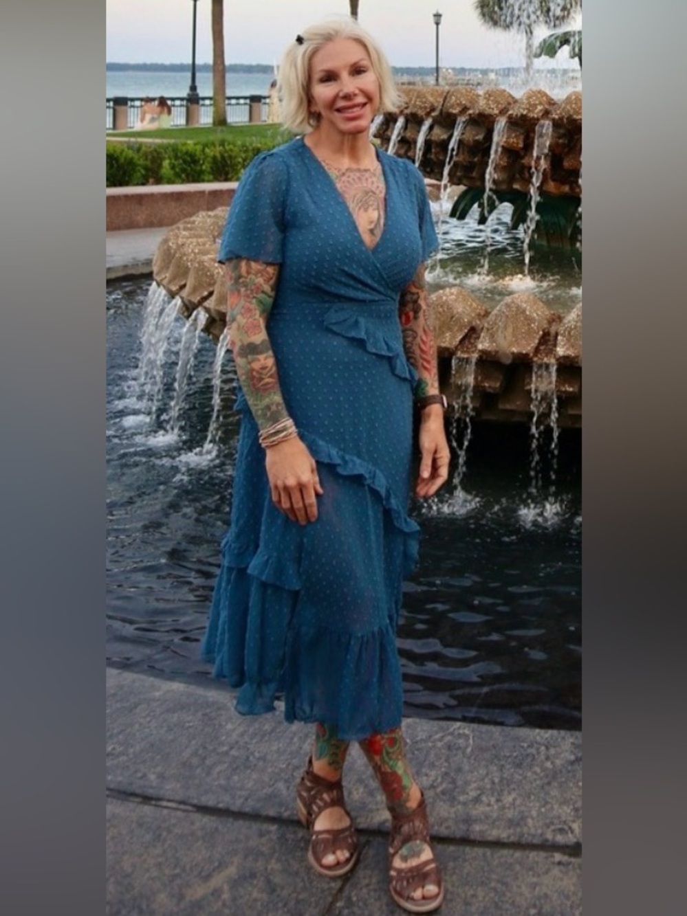 Lulu's Teal Blue Swiss Dot Ruffle Wrap Midi Dress